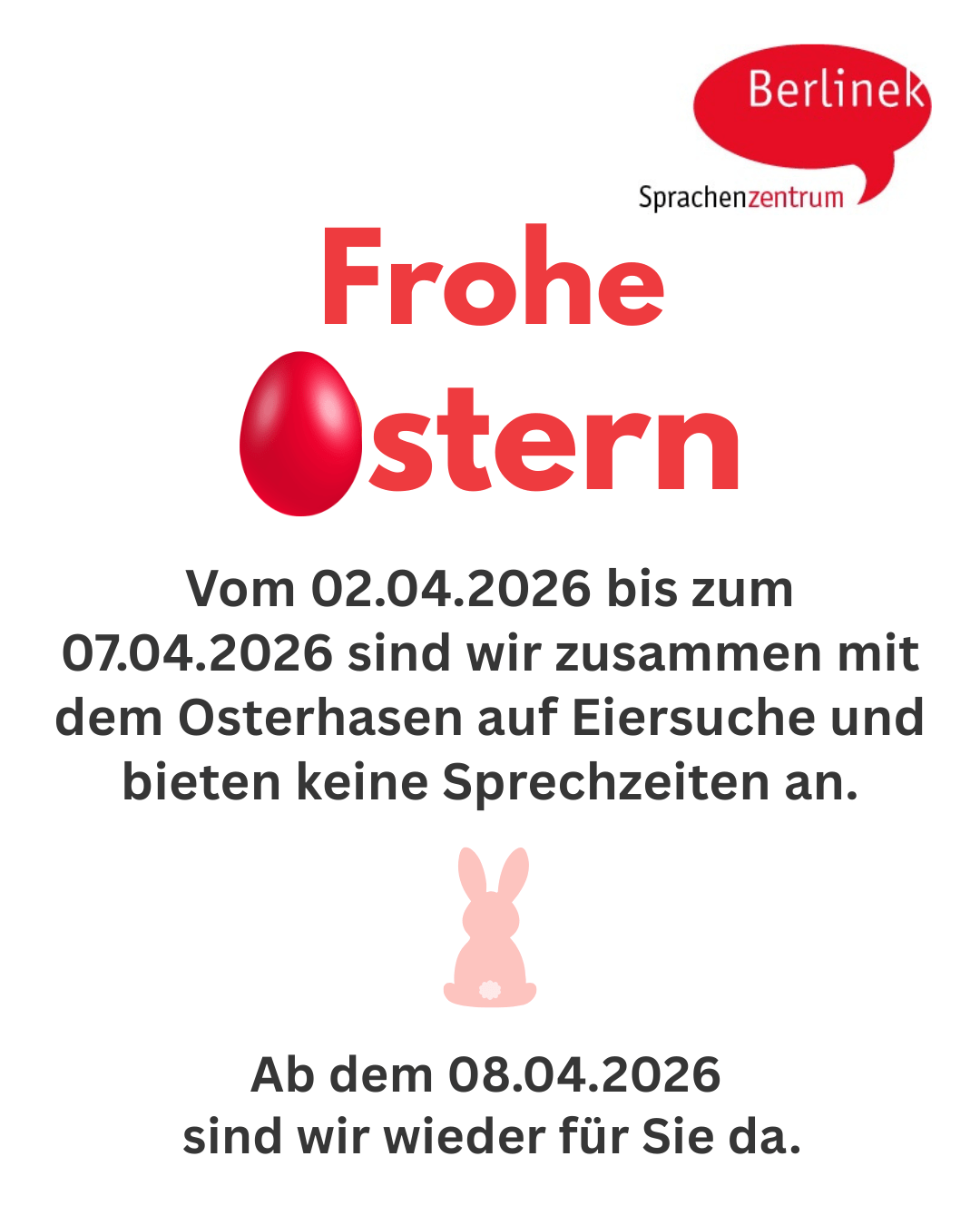 Das Büro ist in den Osterferien geschlossen.